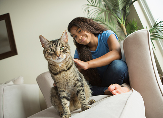 A girl sitting on a sofa with a pet cat.