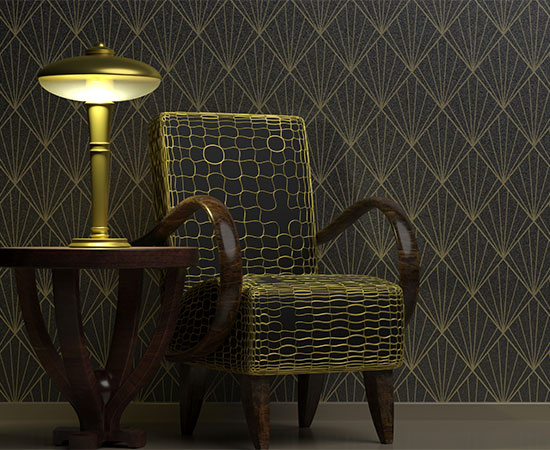 Art Deco style decoration, home interior. Classic vintage furniture on wallpaper background black